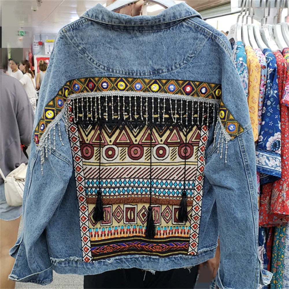 

retro ethnic style embroidery tassel loose denim jacket