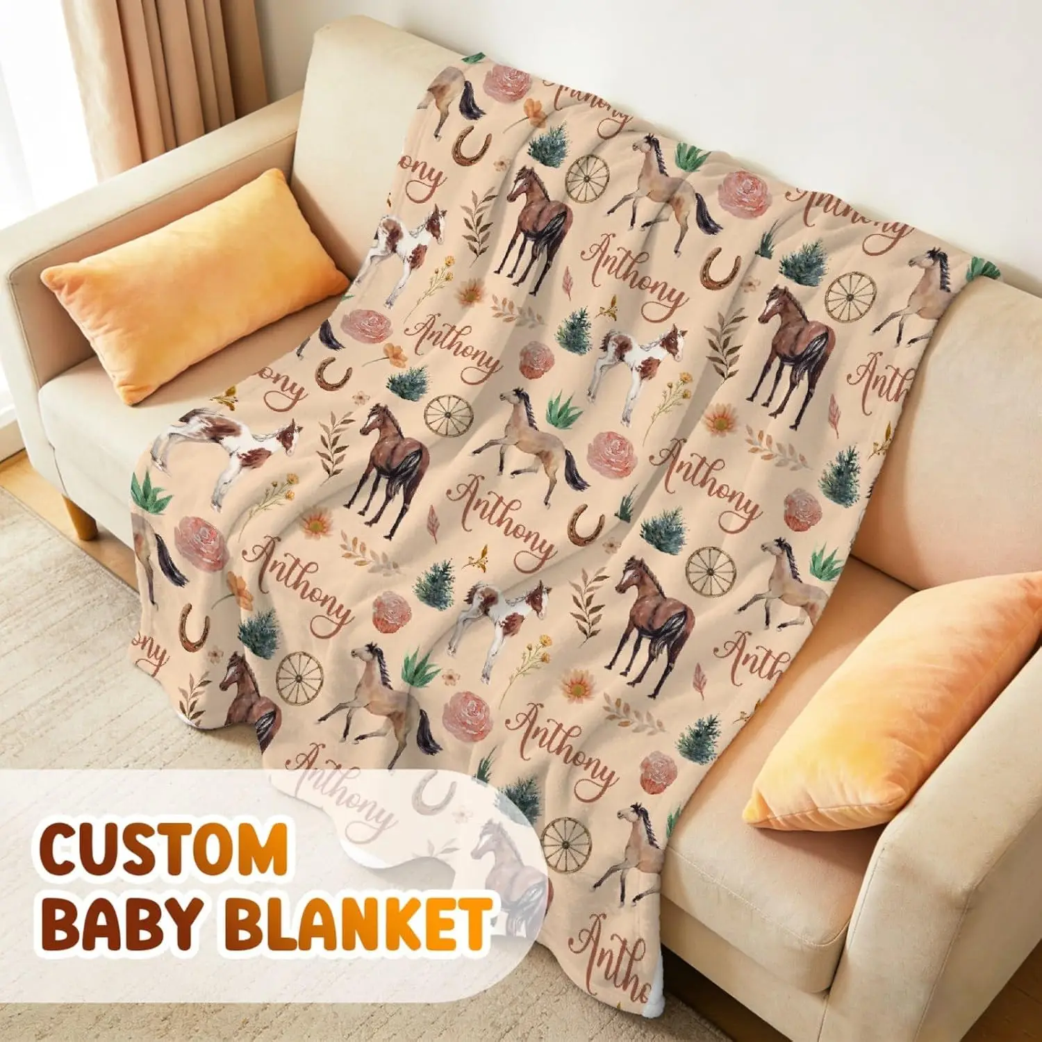 Personalized Baby Horse Blanket,Custom Baby Blanket with Name | Customized Blankets for Boys & Girls,Soft Cozy Receiving Blankets for Toddlers,30''x 40'' for Baby