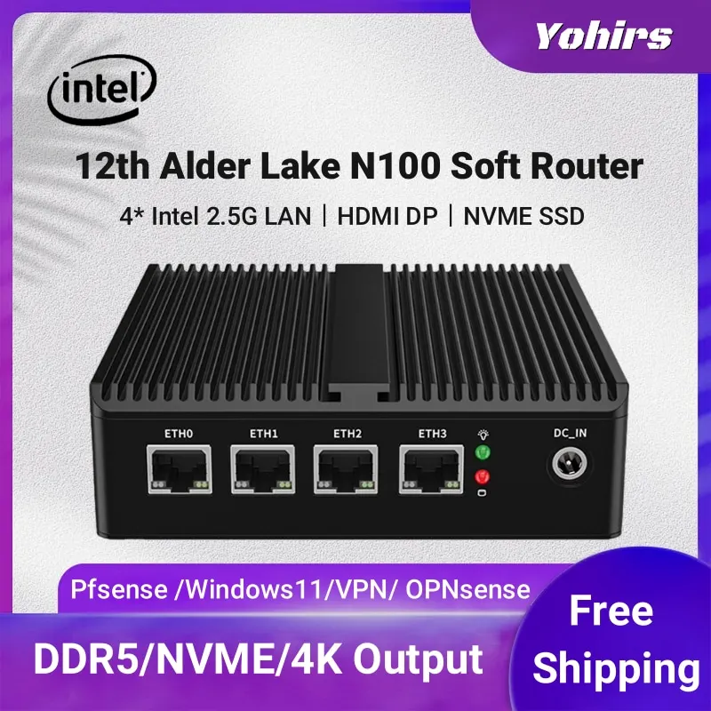 Intel N100 Fanless Mini Industrial Pc N5105 4x2.5G i226 i225 LAN DDR5 NVMe Soft Router Firewall HDMI2.0 OPNsense PVE ESXi Host