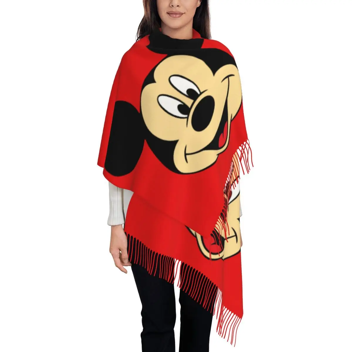 

Женские большие шарфы с Микки Маусом на заказ, женские зимние мягкие теплые шаль с кисточками, шарф