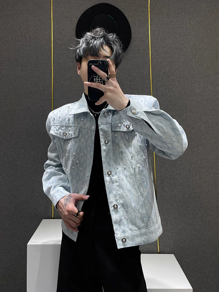 Men's 2025 Spring Autumn New Embroidered Pearl Design Denim Coats Solid Color Denim Jackets Men's High-End Stylish Denim Jacket