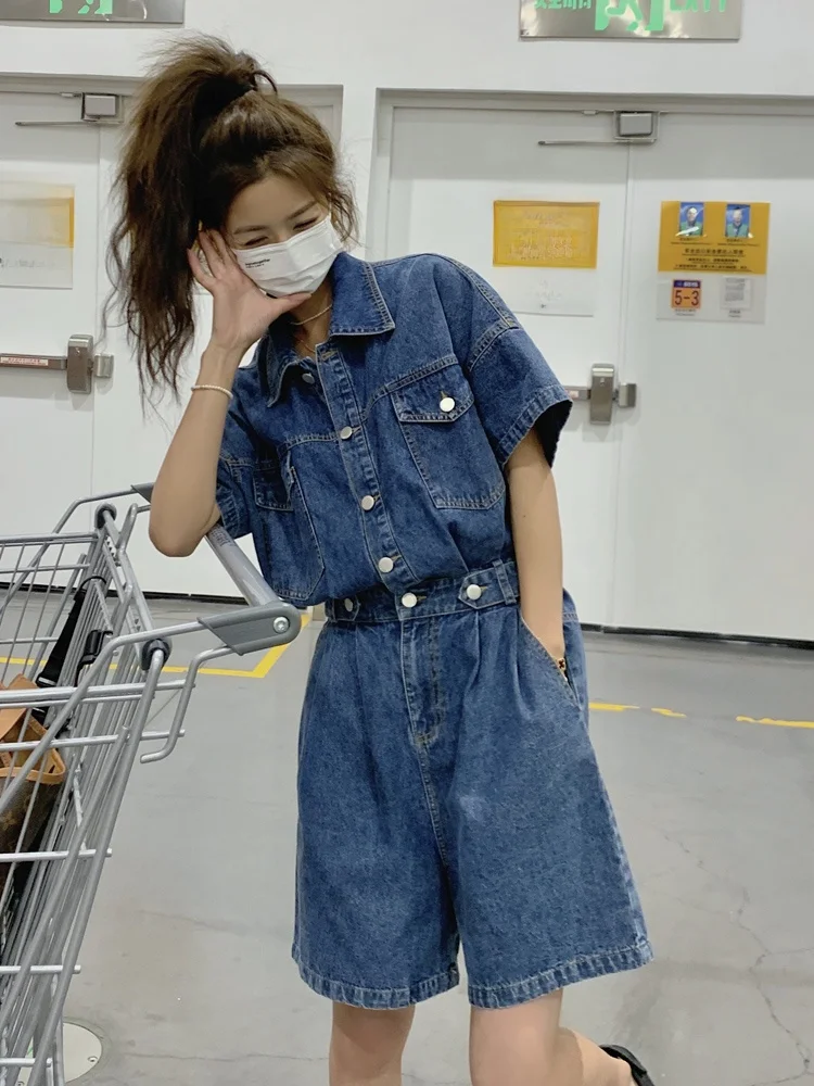 Tuta di jeans a vita alta Set di ort dimagranti da donna Abbigliamento da lavoro Abito estivo casual Miscela di cotone e poliestere di colore profondo