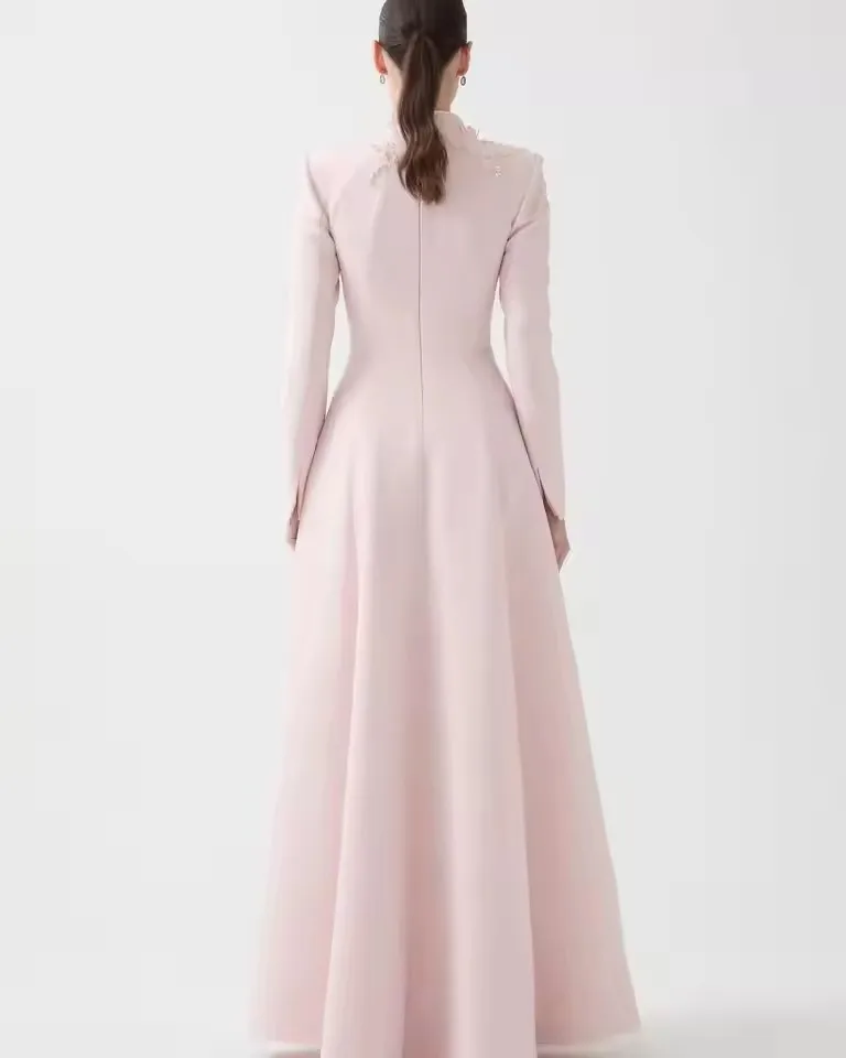 우아한 연핑크 이브닝 드레스, 단정한 A라인 긴팔 여성 정장 웨딩 게스트 파티 가운, 맞춤 제작 가능한 웨딩드레스