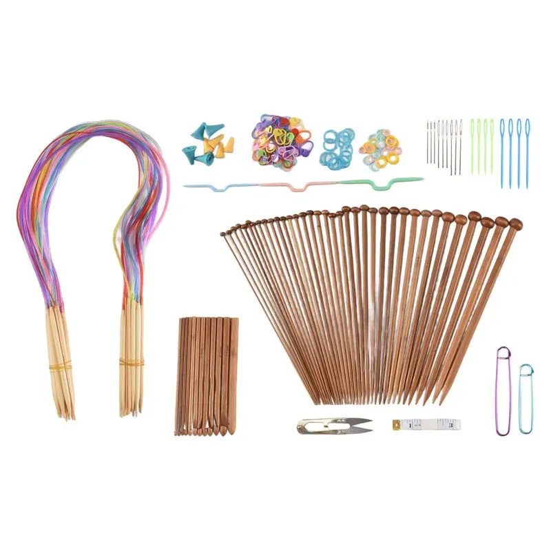 ABWZ-Knitting Needles Set-18 Pairs 18 Sizes Bamboo Circular Knitting Needles + 36 Single Pointed Bamboo Knitting Needles + Weavi