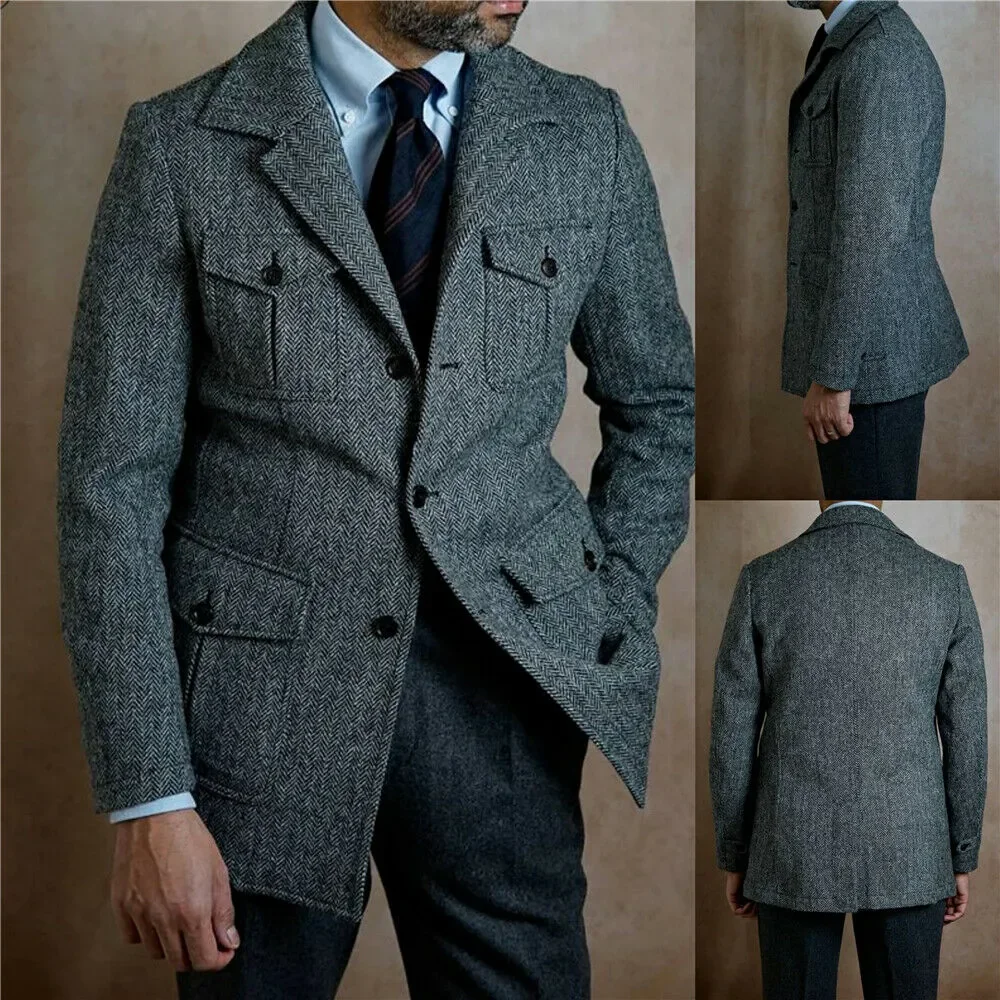 Blazer Vintage de estilo inglés para hombre, chaqueta ajustada con solapa de muesca de Tweed en espiga, trajes de boda para novio, chaqueta, abrigo