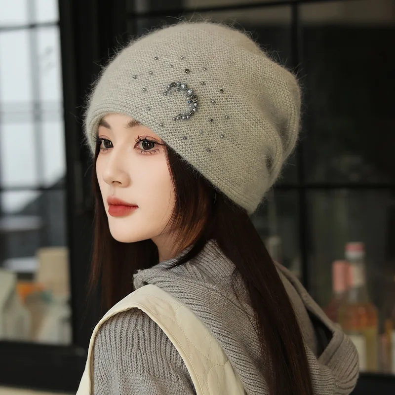 Beanie Women Winter Rhinestone Pearls Hat Angora Knit Cap Warm Soft Skiing Accessory For Autumn Outdoors Sports Cold Weather