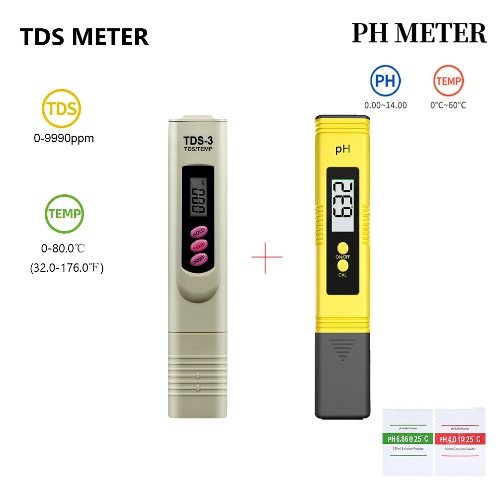 Testeur de qualité de l'eau numérique 2 en 1 Temp TDS/PH, 0-9999 ppm, stylo de test de température TDS PH pour l'eau potable, l'aquarium