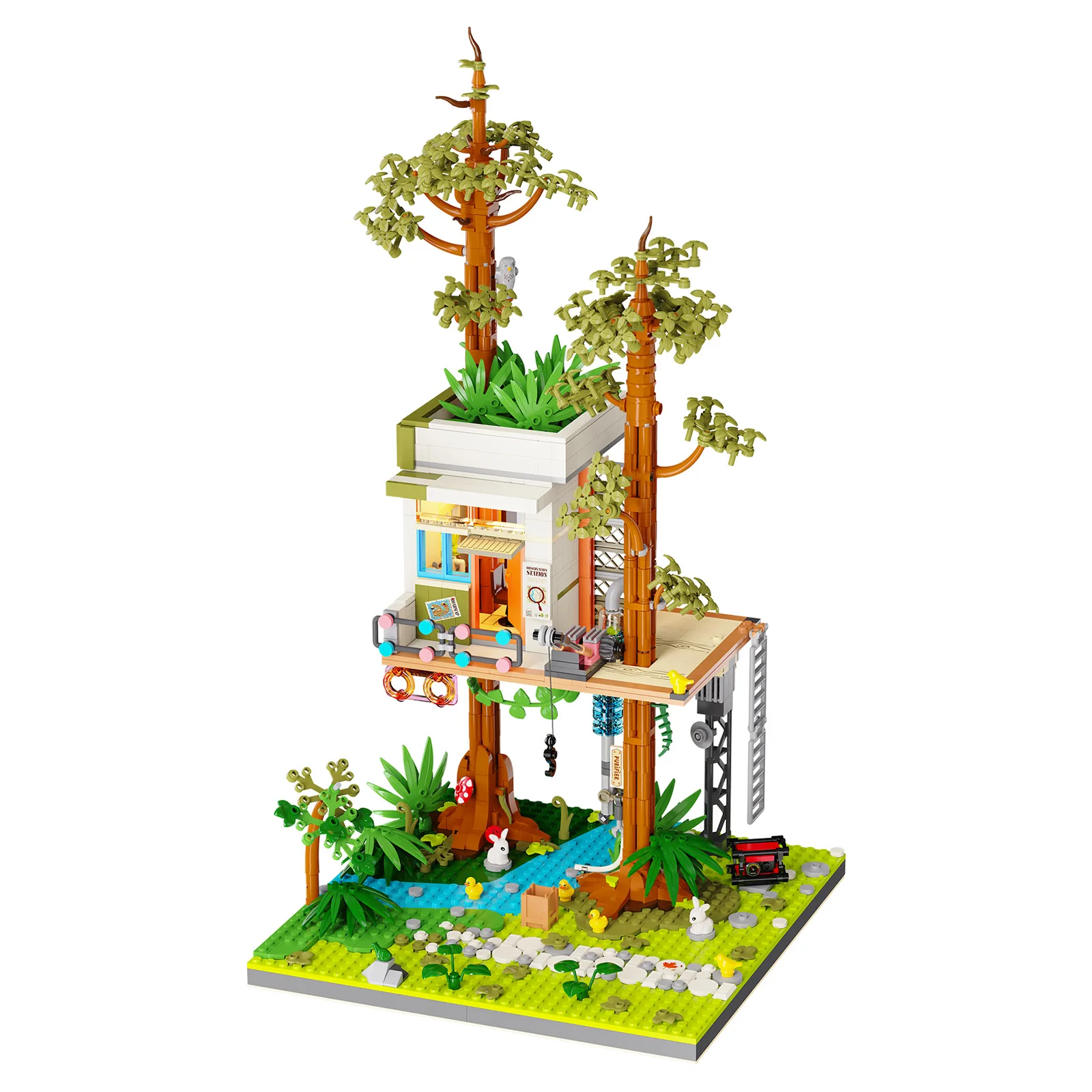 1582PCS City Street View Treehouse Building Blocks MOC LED Forest Observation Deck Rabbits Ducks Bricks Educational Toys Gifts