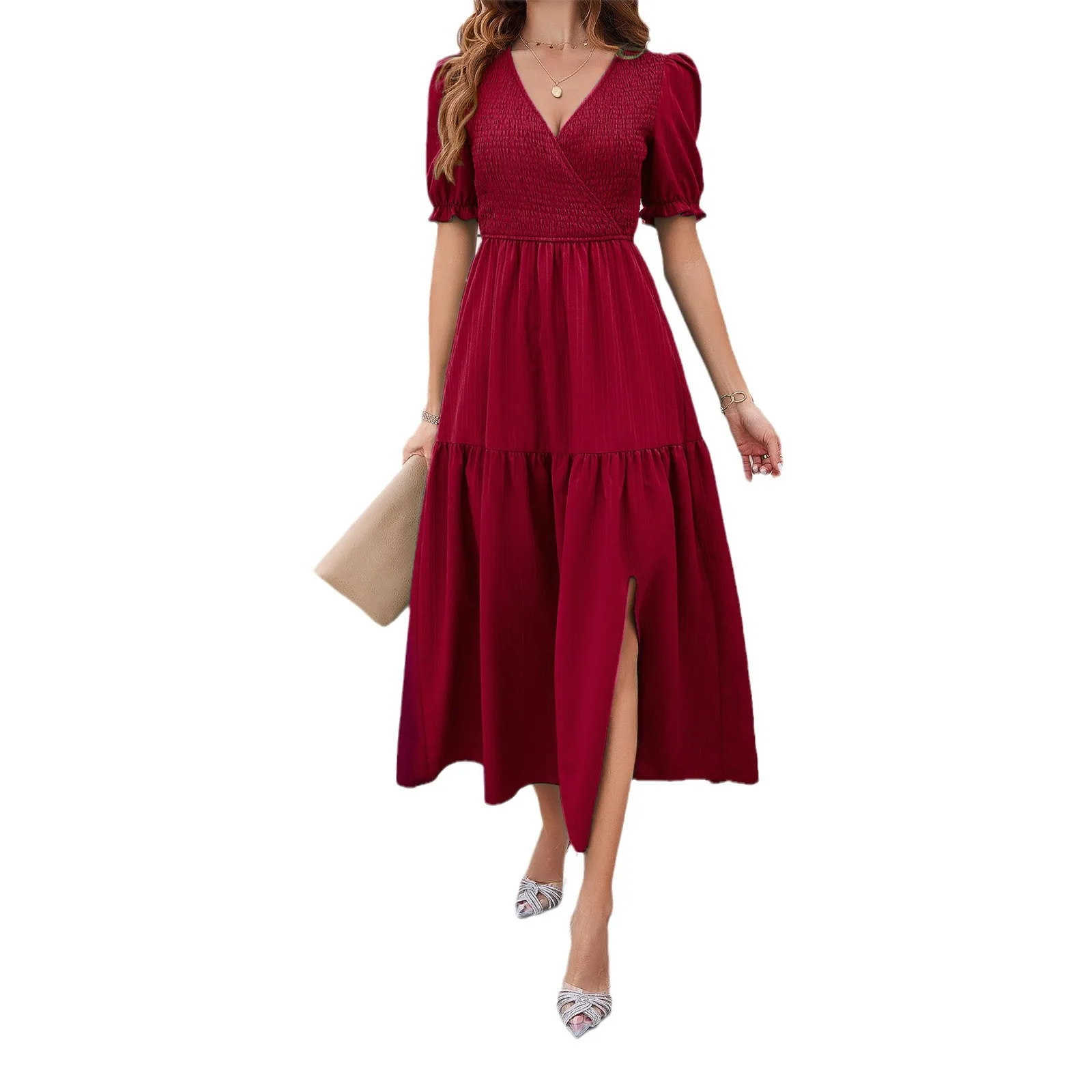 2025 Women's Temperament Color V-ne ort S Dr Polyester Fiber Princ Sve A-line Skirt Commute Sle mid Waist