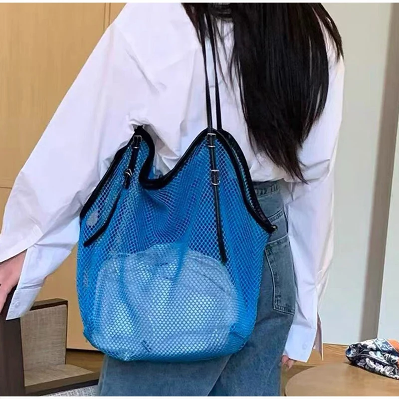 Neue Sommer-Mesh-Tragetasche, Große Kapazität Nischen-Mode-Schultertasche, Strand-Reise-Pendler-Fitness Ausgehöhlte Einkaufstasche – Detail 10
