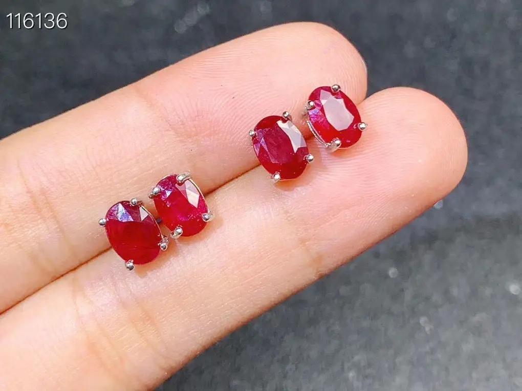 Simple Silver Gemstone Stud Earrings 5mm*7mm Natural Ruby Earrings 925 Silver Ruby Stud Earrings for Daily Wea