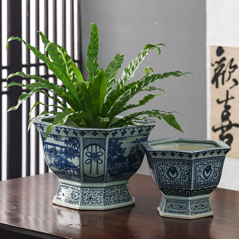 Jingdezhen Antique-Style Chinese Ceramic Flower Pot Blue-and-White Ceramic Planter Potho Spider Plant Pot Home Decor Friend Gift