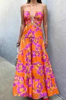 Nueva moda mujer vestido halter elegante estampado floral/color de contraste sin espalda sin mangas una línea vestido largo para el verano S M L