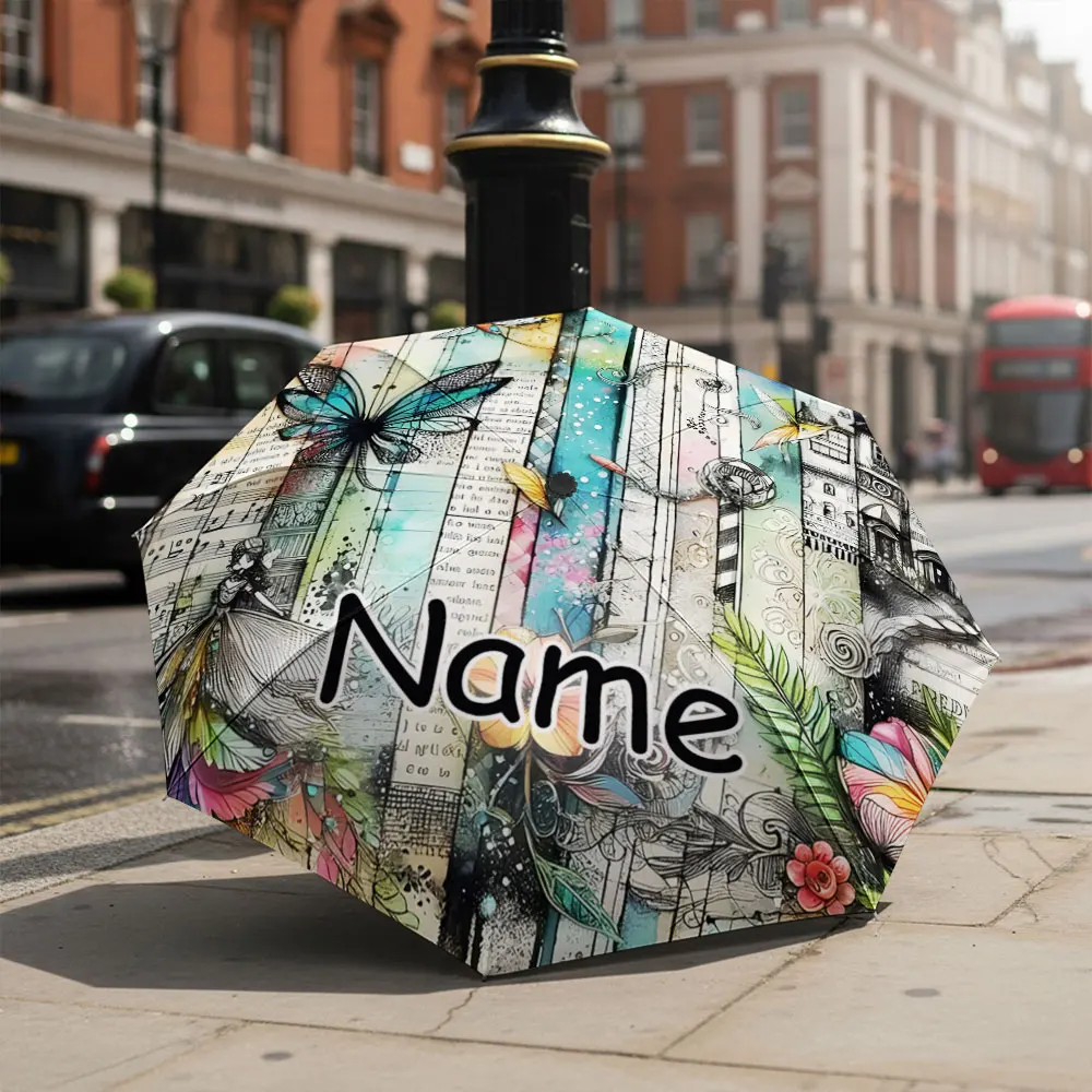 Custom Name umbrella,Colorful Vintage Collage Butterfly, Music Notes, Floral Accents Fashion Folding Umbrella for Sunny Rainy