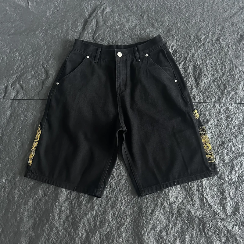New DERSCHUTZE Unisex Street Denim Shorts Gold Dragon Embroidered Patchwork Loose‑Fit Short Pants