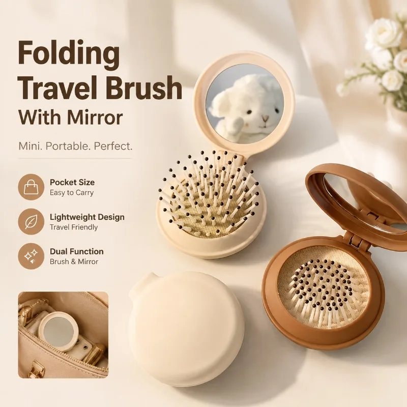 Folding Travel Hair Brush with Mirror for Women, Mini Portable Pocket Comb, Lightweight Plastic Dual-Design Brush, Hand