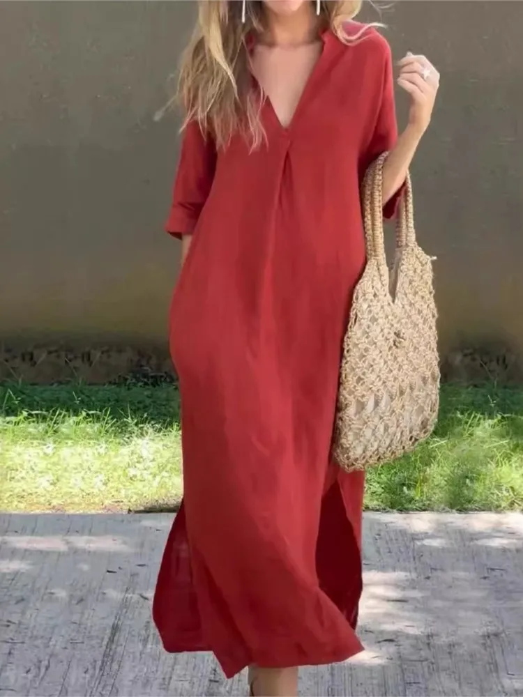 Summer For Women Long Dress Solid Color Side Vents V-neck Three Quarter Sleeves Chest Fold Compression Casual Loose Lady Dresses