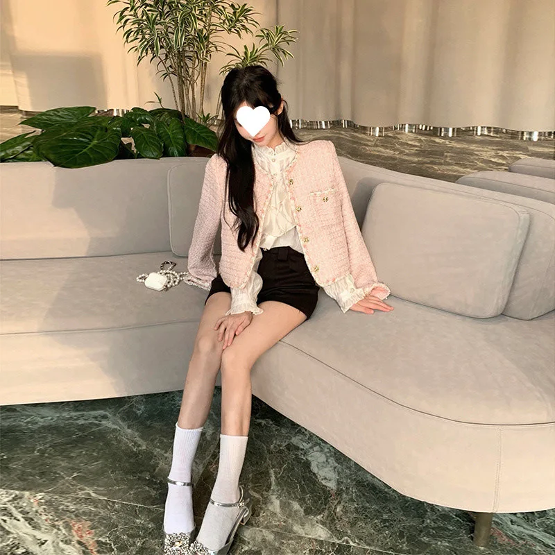 

Твидовый пиджак синий женский весна-осень с ребристыми лацканами, однобортный, полноразмерный, классический, минималистичный, однотонный, базовый, универсальный