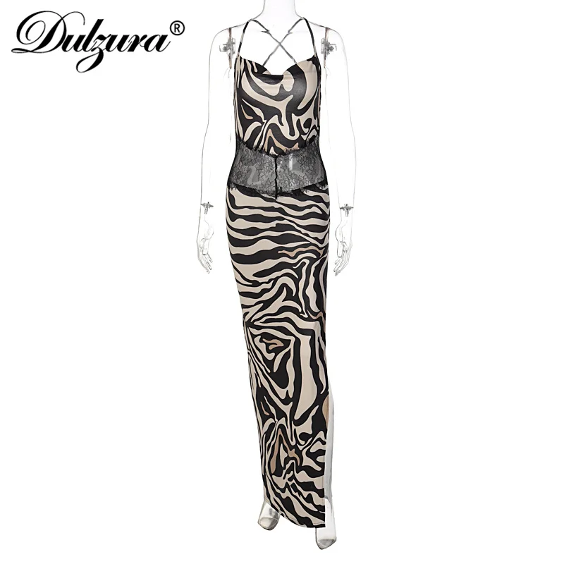 فستان دولزورا بدون أكمام مزين بالدانتيل وحمار وحشي كامي ماكسي بدون ظهر وفتحة جانبية طويلة ملابس مثيرة للحفلات والنوادي