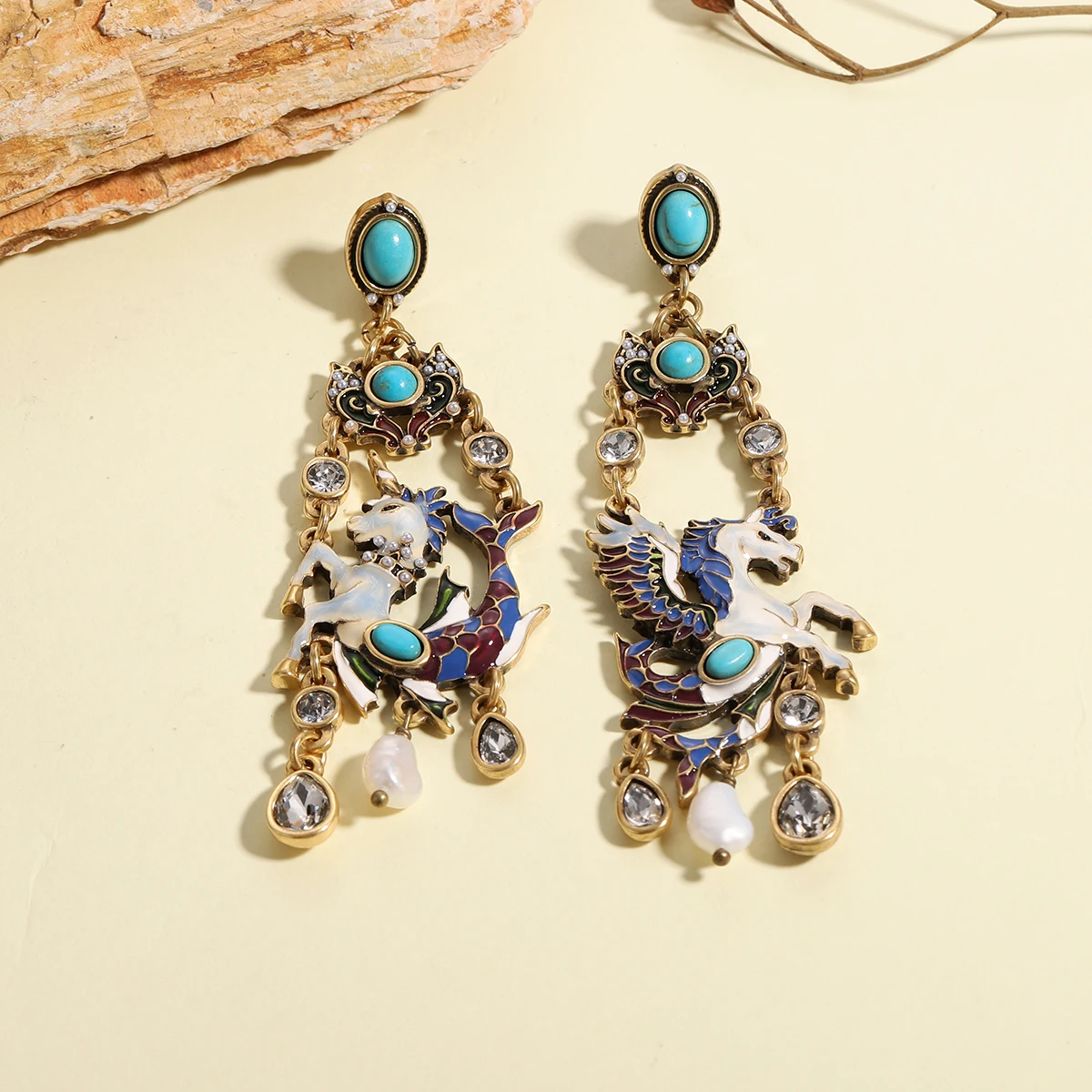 Vintage Enamel Pegasus Unicorn Long Dangle Earrings for Women Turquoise Pearl Crystal Chandelier Statement Drop Earrings Gifts