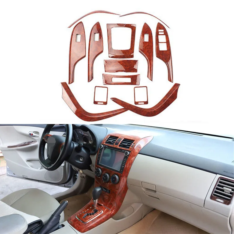 Interior de madeira cor guarnição center console capa janela painel de controle moldando guarnição acessórios para toyota corolla 2007-2013