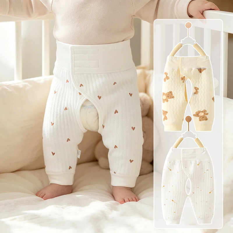 Autumn Winter 0‑3M Newborn Open Crotch Pants, Pure Cotton Padded Warm Trousers Soft Unisex Bottoms for Baby Boys Girls