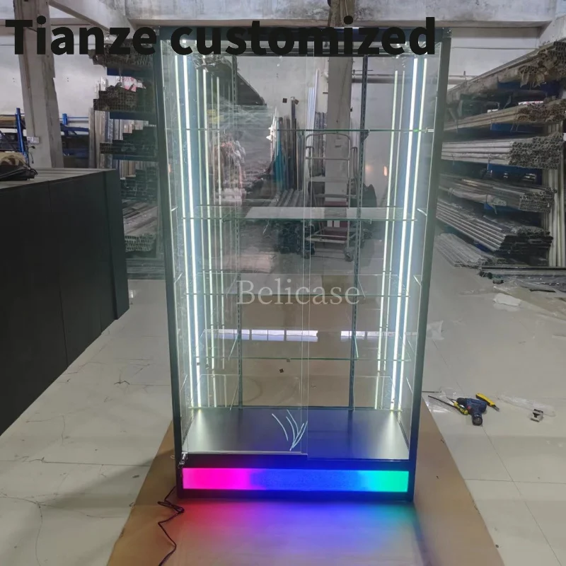 

Customized-fullshow Display smoke shop lockable tall showcase with colorful light retail store aluminum glass s