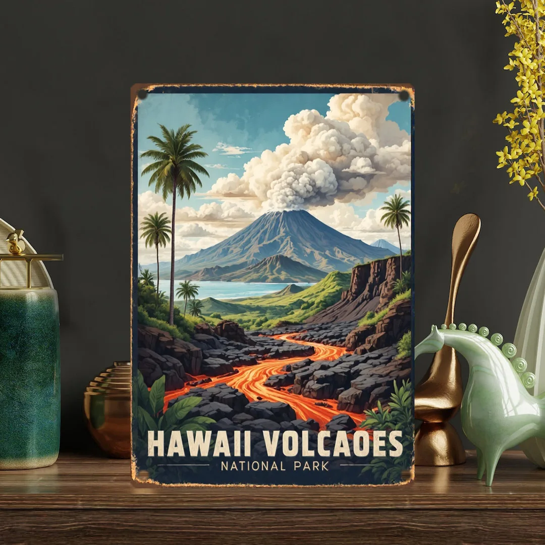 2D Flat Vintage Hawaii Iron Wall Decor with Tropical Landscape/Perfect for Home, Office, Bar, or Room Decoration, Office Decor