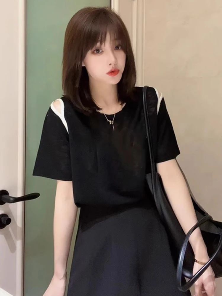 

Summer Loose Slimming Pure Cotton Hollow out oulder round Ne ort Sve T-irt Korean Sle Commute Casual Women's Top