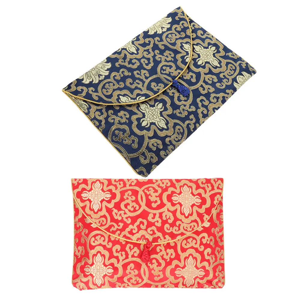 2Pcs Chinese Style Scriptures Bag Brocade Storage Pouch Lightweight Compact for Travel Office Decorative Embroidery Scripture