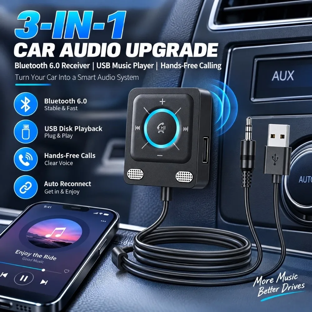 Bluetooth 6.0 Bluetooth Audio Receiver Dual Device USB Playback Hands-Free Car Kit Multifunction Buttons Dual Microphones