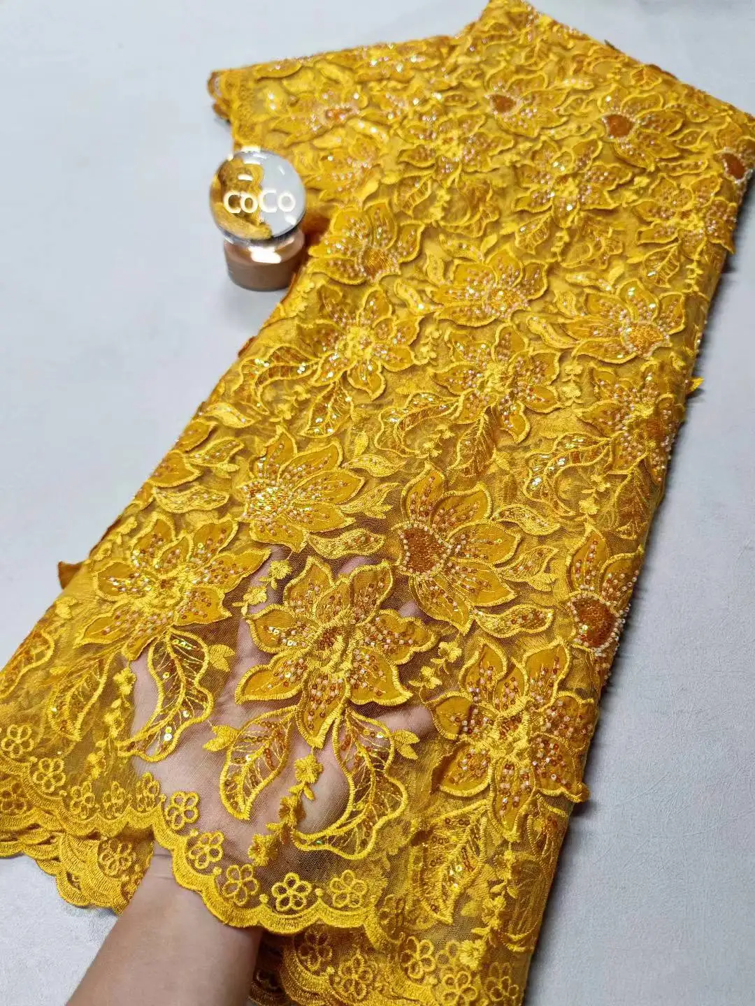 

2025 African Nigerian High-Quality Sequins Tulle Lace Fabric for Prom Dresses Beads Embroidery Sewing Net Cloth 5Yard XL107