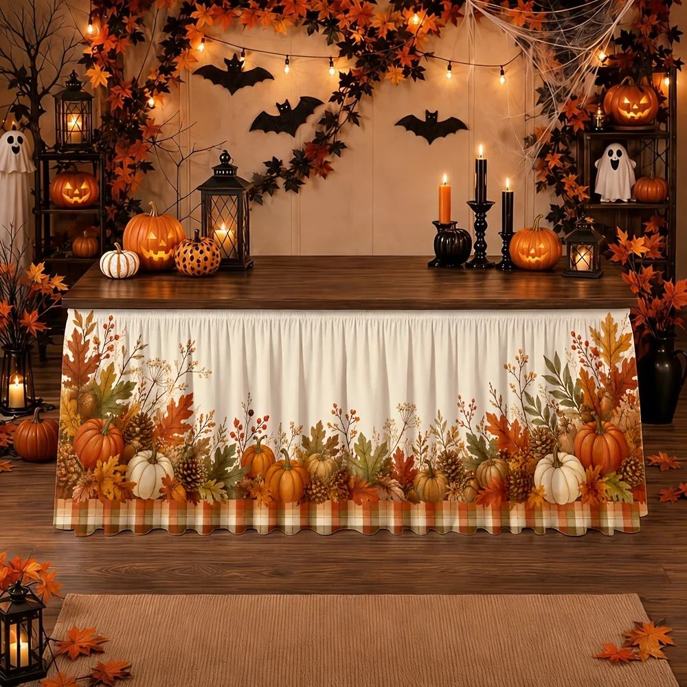 Tablecloth tablecloth 1 piece Autumn harvest Pumpkin leaves Checkered pattern Suitable for Thanksgiving dinnerxzj
