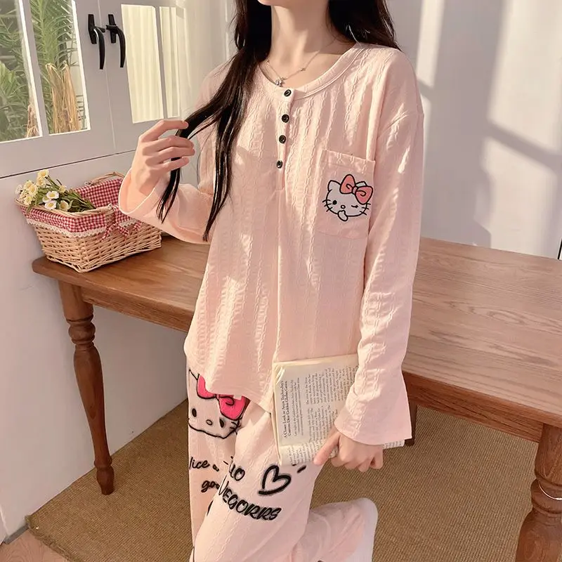 

Kawayi Hello Kitty Spring and Autumn Pure Cotton Long Sleeve Trousers Cute Girls Summer Home Clothing 2-Piece Set with Chest Pad