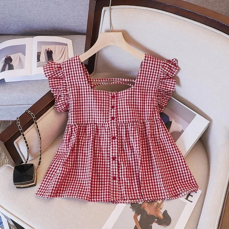 

Girls Summer Blouse 2026 New Checkered Shirt for Kids Lightweight Puff Sleeve Casual Tops Cute Stylish Outfit Ages 3–10