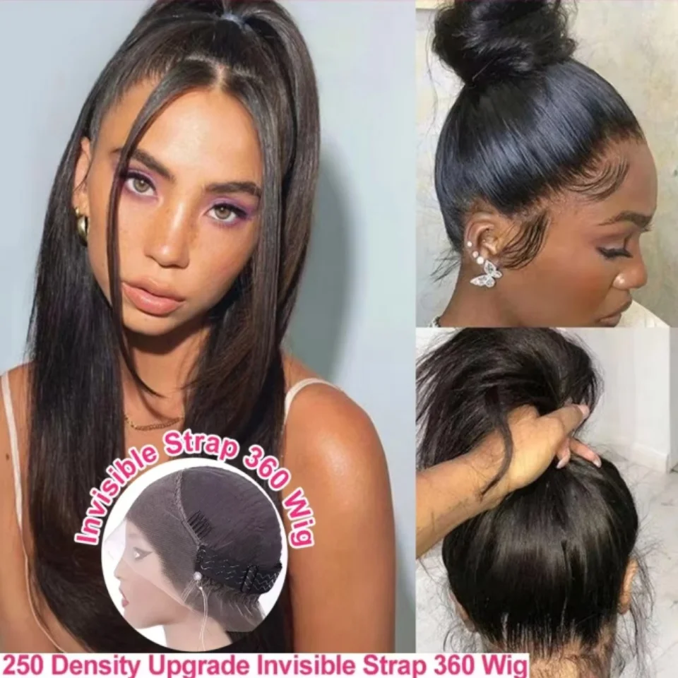 Brazilian 360 Full Hd Lace Wig Invisible Drawstring Wig Straight Virgin Hair Natural Black 220 Density Pre Plucked Ready To Wear