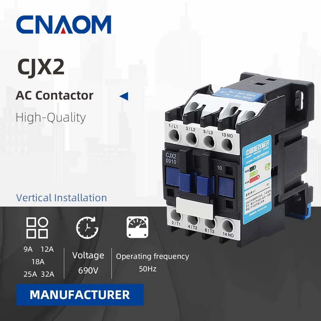 CNAOM CJX2 AC Contactor 3 Phase 3-Pole NO/NC Coil Voltage 220V 50/60Hz Din Rail Mounted Normal Open/Close 9A/12A/18A/25A/32A
