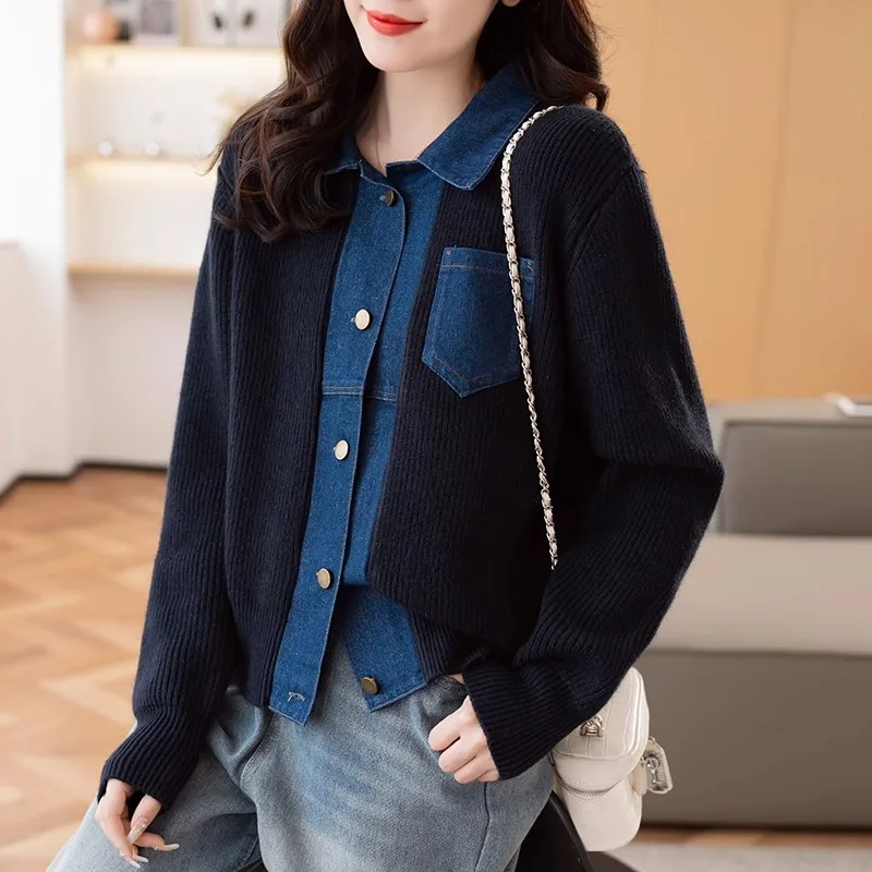 2024 New Fashion Autumn Winter Knitted Sweater Jacket Women's Denim Stitching Lapel Knitwear Cardigan Ladies Casual  Female Top