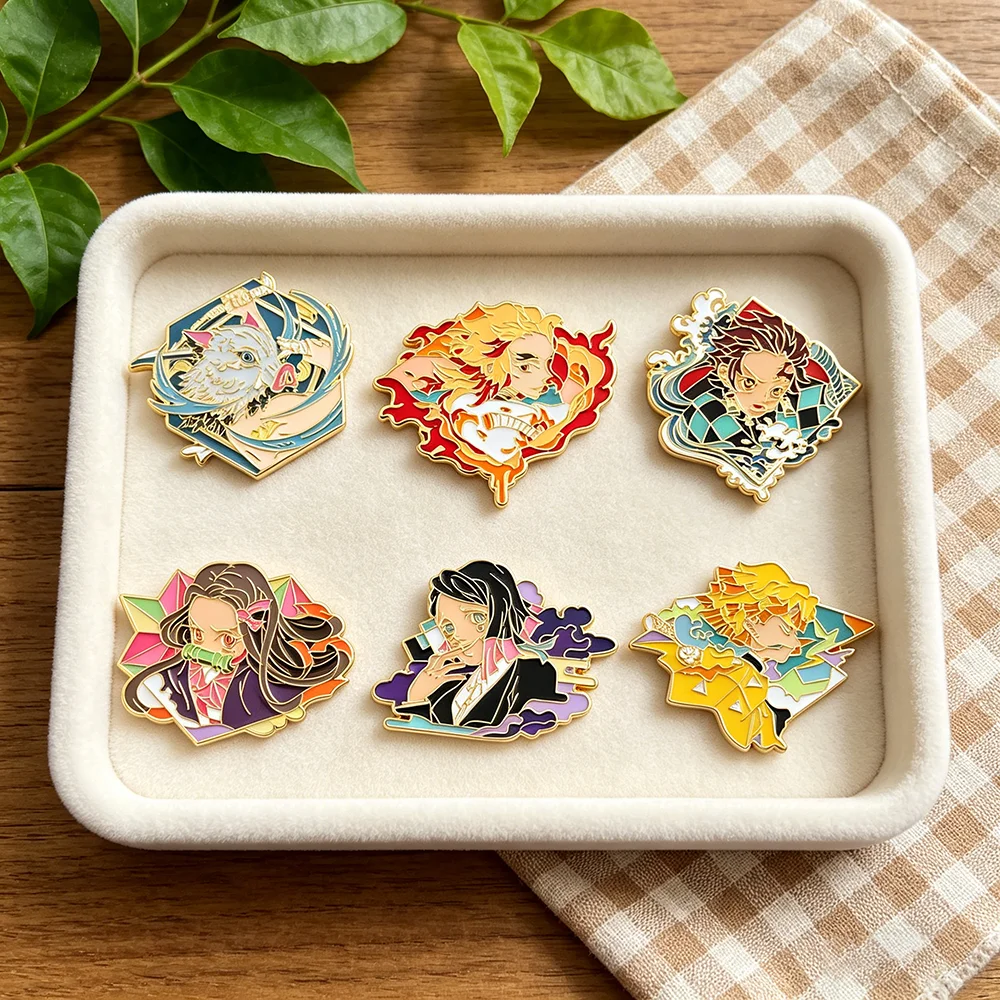 Anime Demon Fighter Enamel Pins, Colorful Gold Trimmed Brooch Set, Ideal Gift for Anime Fans, Collectors, Birthday & Christmas