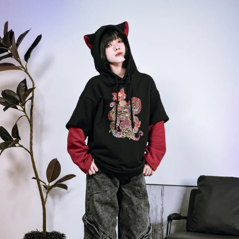 Cartoon Ear Hooded Fleece Sweatshirts For Women's Autumn And Winter New Special Design Fake Two-piece Hoodies Top Cool Sudaderas