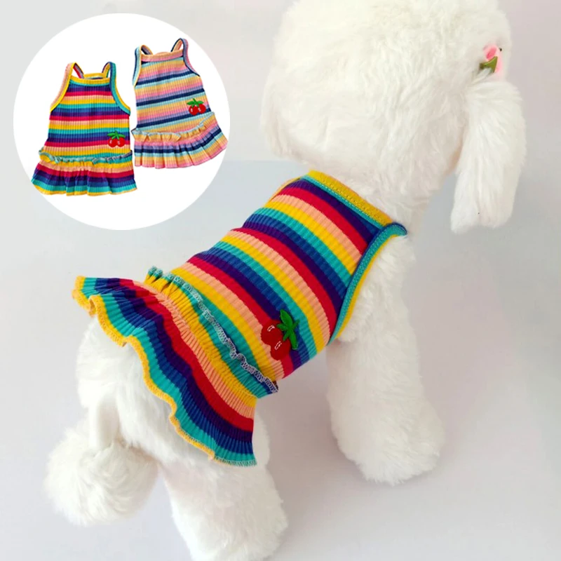 

Universal Pretty Dog's Clothes Sweet Color Striped Cherry Princess Dress Spring And Summer Clothes Cat Clothes Small Dog Clothes