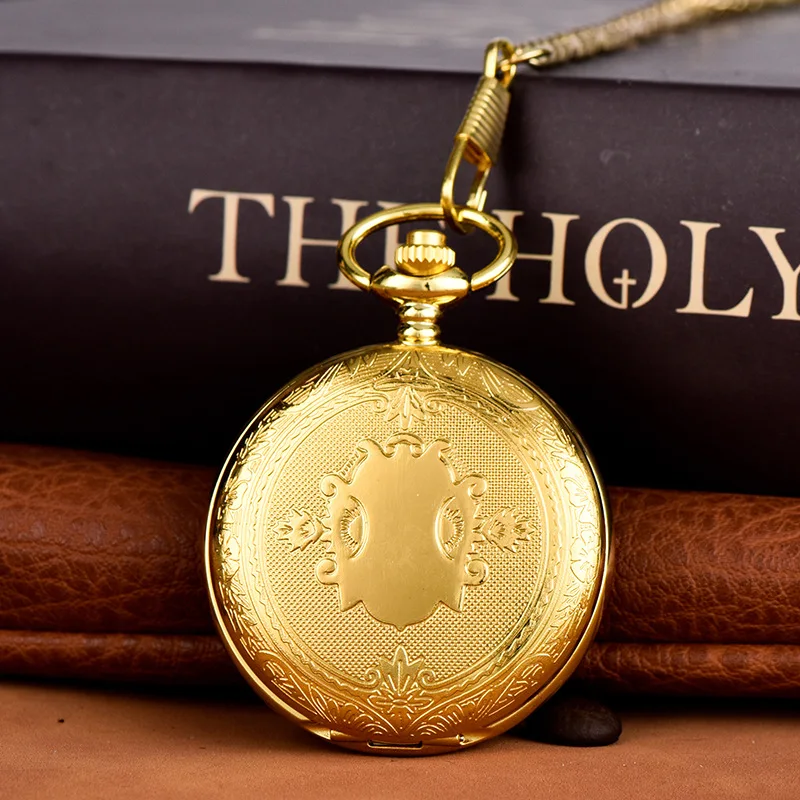 Vintage Luxury Gold Carving Quartz Pocket Watch for Men Engraved Golden Case Fob Chain Clock for Collection Necklace Watches