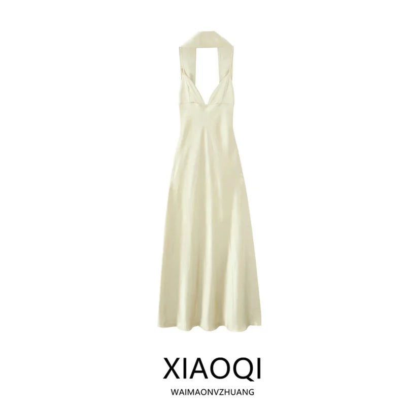 Novo Vestido Longo de Verão 2025 Moda Fena Lenço Fino Deco Seda Cetim Saia de Cintura Alta Linha A Sem Mangas Decote ...