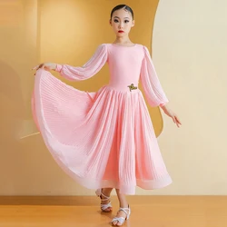 Pink Ballroom Dance Dress Long Sleeves Competition Clothes Girls Latin Dance Clothes Women Ballroom Dance Performance Wear 13823