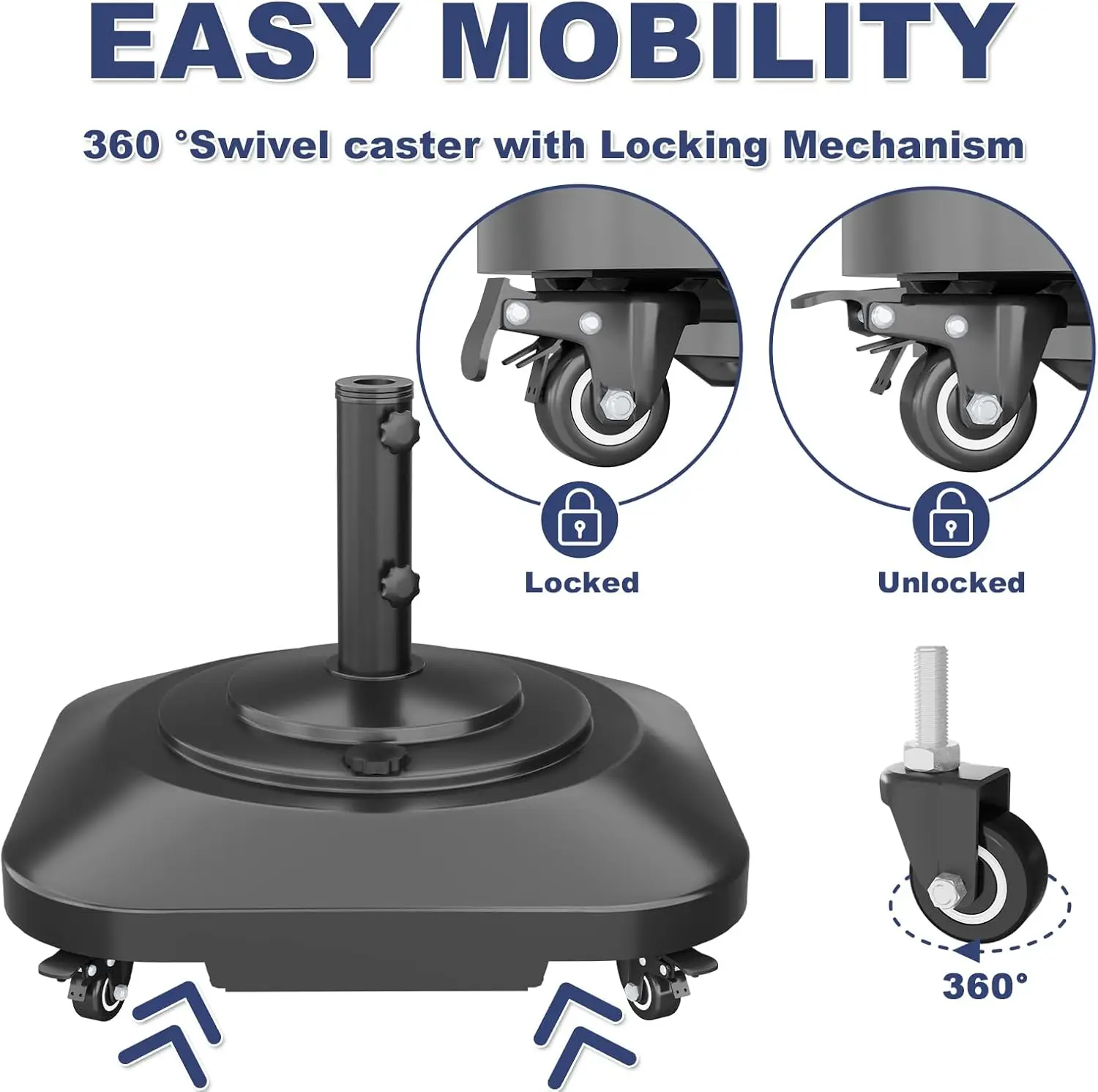 Patio Umbrella Base Heavy Duty with Wheels, Max 100lb Fillable Umbrella Stand Mobile Square Market Stand, Windproof Outd