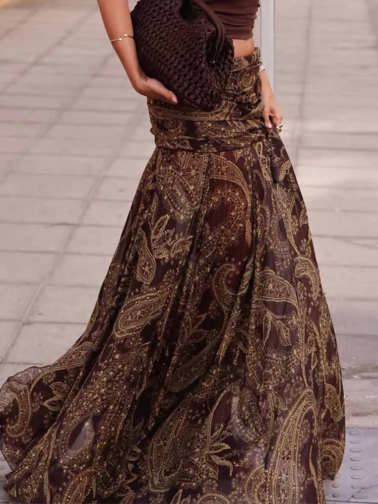 

Винтажные длинные юбки с большими качелями и принтом, женские свободные трапециевидные юбки с высокой талией, элегантная отпускная макси-юбка, осень 2021, женская уличная одежда