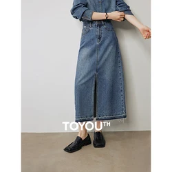 TOYOUTH Women Denim Skirt 2024 Autumn New Open Split Pocket High Waist Mid Length Skirt