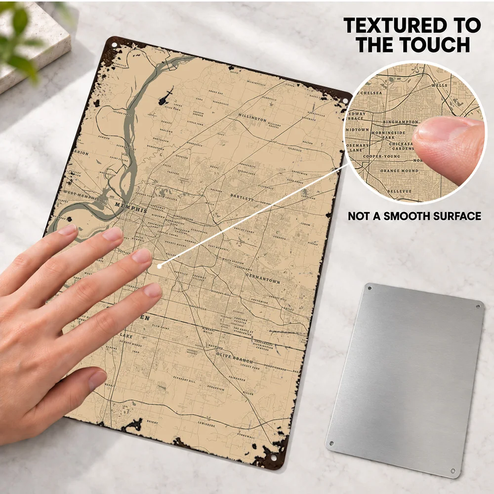 Memphis Tennessee Map Aluminum Poster Personalized Metal Sign Vintage Cartography Wall Art For Study Geography Enthusiast Gift