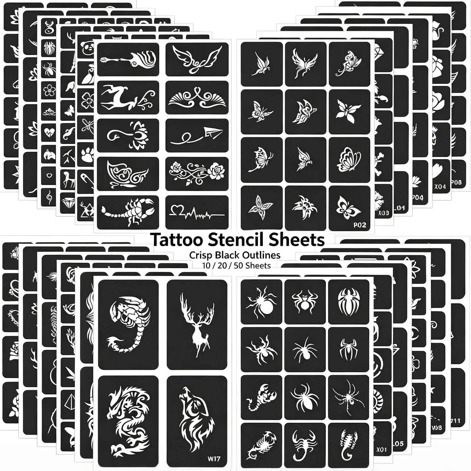20/10/5/3 Feuilles de pochoirs de tatouage mixtes aléatoires, motifs petits (cœur, crâne) pour le body painting, kit de pochoirs à usage unique avec paillettes 1