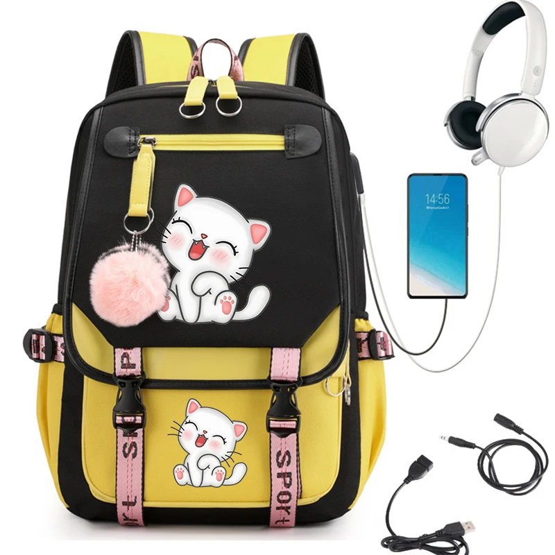 Cute Cat School Bag para Adolescentes e Mulheres, Mochila Kawaii Kitten, Bolsa para laptop, USB, Rosa, Meninas, Estudante